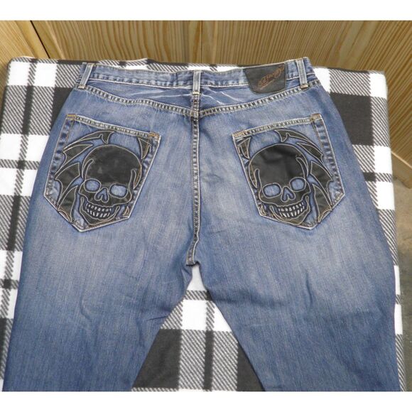 Ed Hardy 2009 Black Skull Pockets Button Fly Jeans Vintage Mens Streetwear 38x34